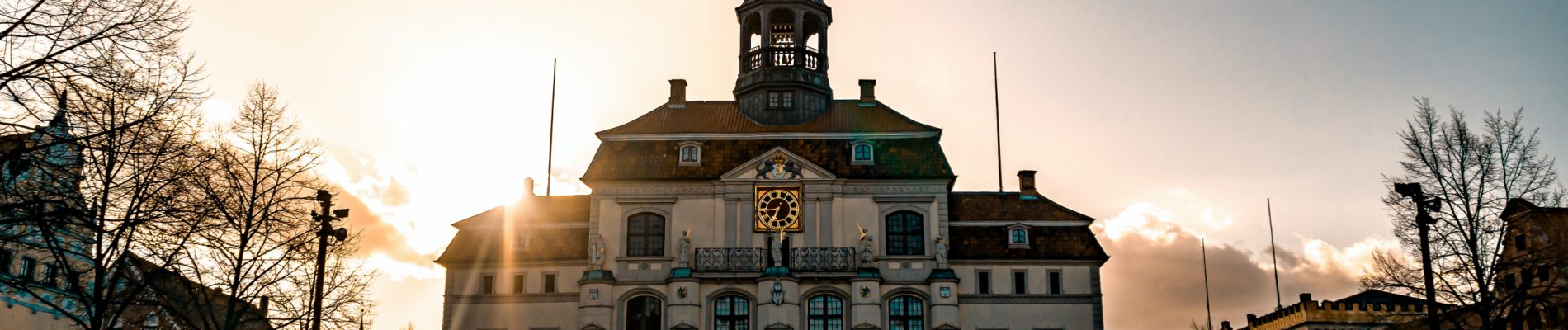 Un grand bâtiment avec une tour d'horloge au milieu d'une ville.